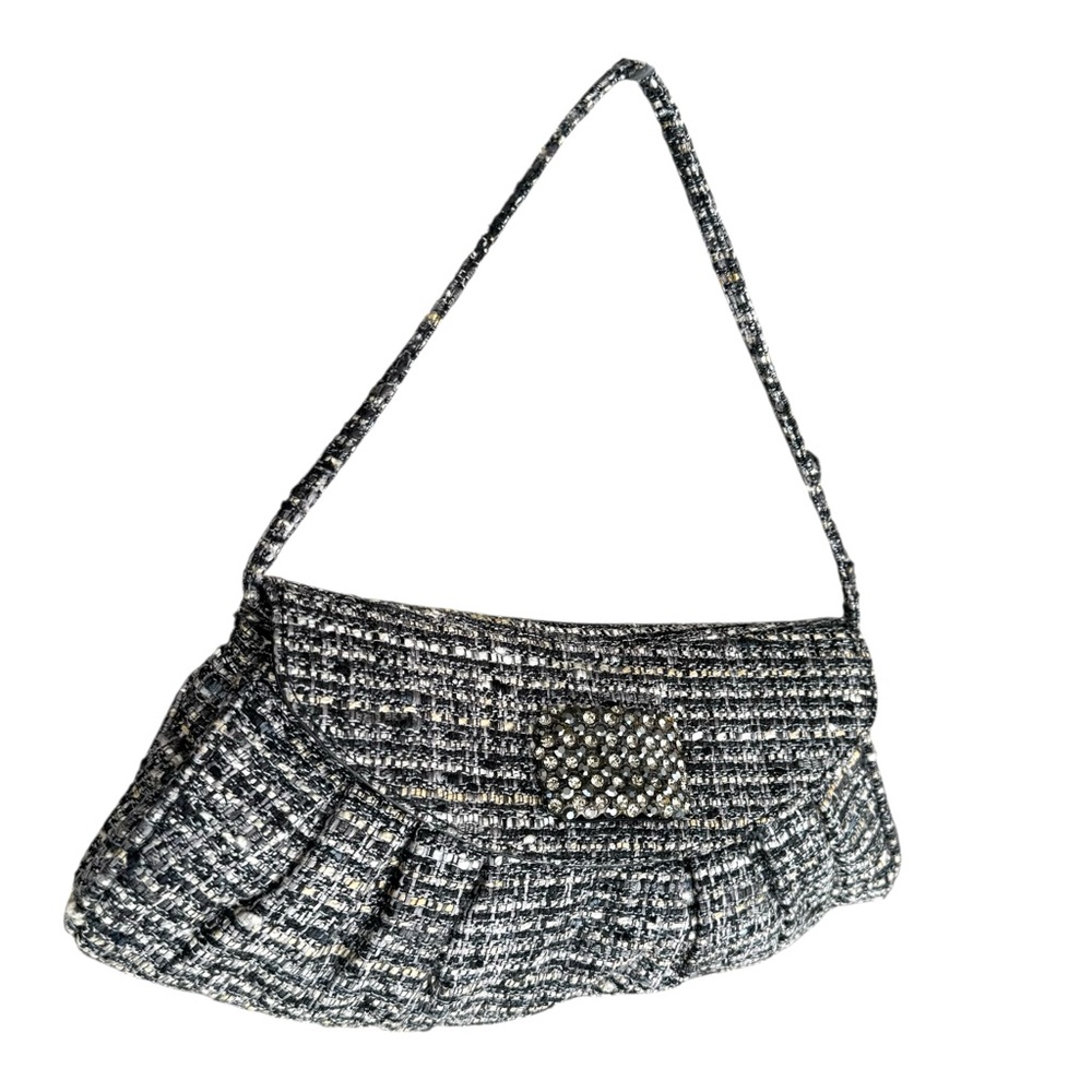 NEW Stuart Weitzman Tweed Rhinestone Flap Bag Grey Small Shoulder Bag Clutch - Picture 6 of 15